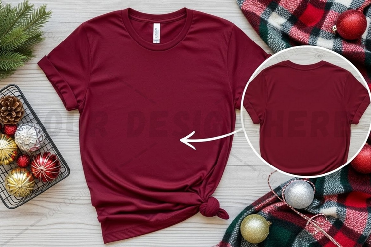 Christmas-themed maroon t-shirt mockup