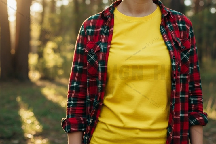 Bright yellow t-shirt with plaid shirt overlay mockup design