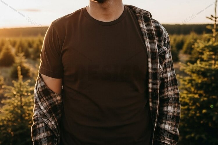 Casual brown t-shirt with plaid shirt mockup design example image 1