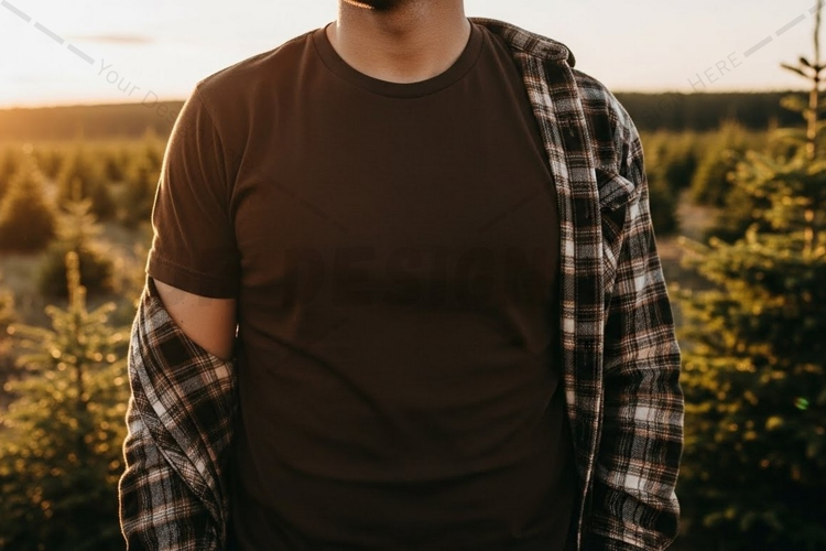 Casual brown t-shirt with plaid shirt mockup design