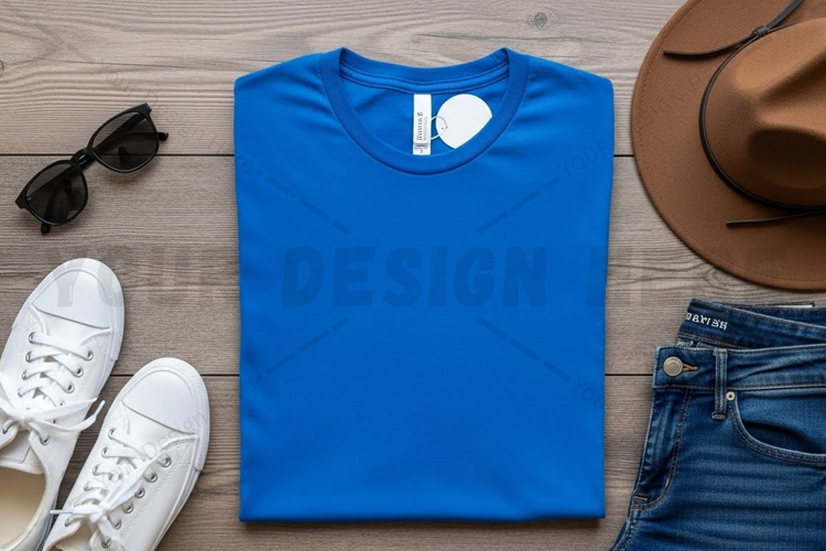 Casual blue t-shirt with accessories t-shirt mockup design