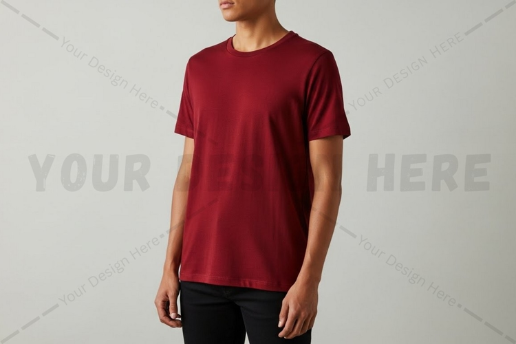 Men's burgundy crew neck t-shirt mockup design
