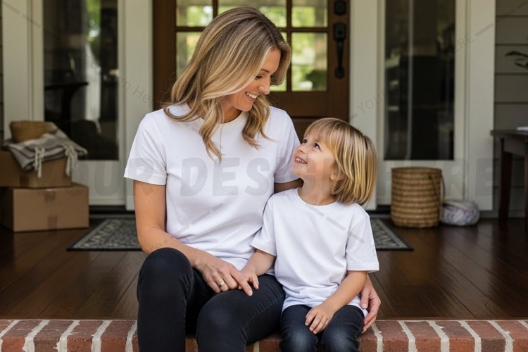 Mother and child wearing matching t-shirt mockup design