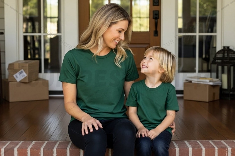 Mother and child wearing matching green t-shirts mockup