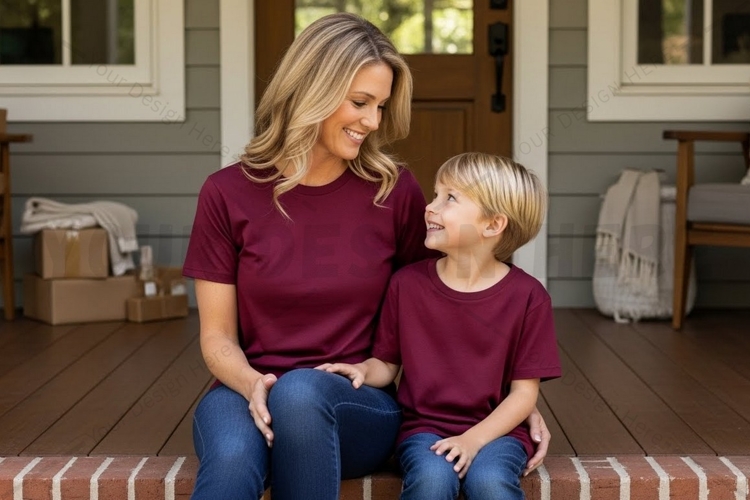 Matching maroon t-shirt set for mother and son mockup design