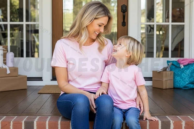 Mother and daughter matching pink t-shirt mockup
