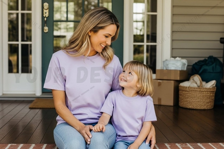 Mother and child wearing matching t-shirts mockup design