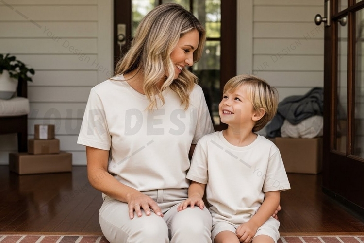 Mother and son wearing matching t-shirts mockup design