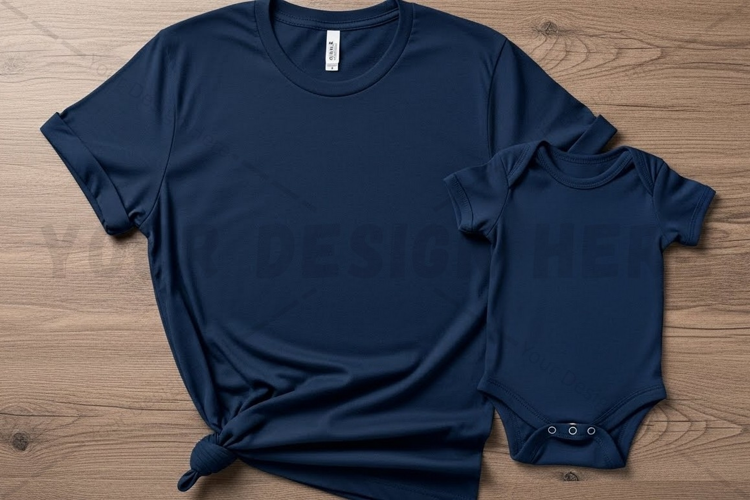 Matching navy blue t-shirt and baby t-shirt mockup design