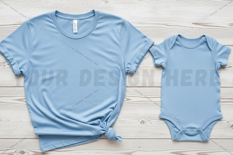 Matching baby and adult light blue t-shirt mockup design