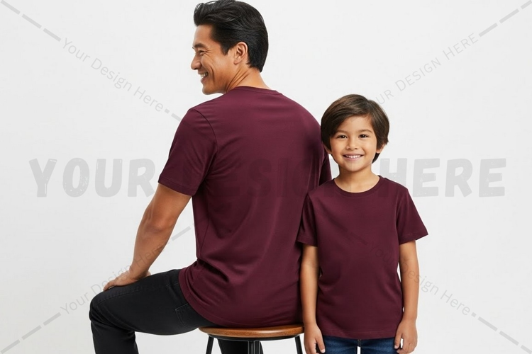 Matching maroon t-shirts for father and son mockup design