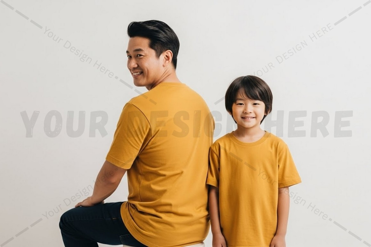Matching yellow t-shirts for father and son t-shirt mockup