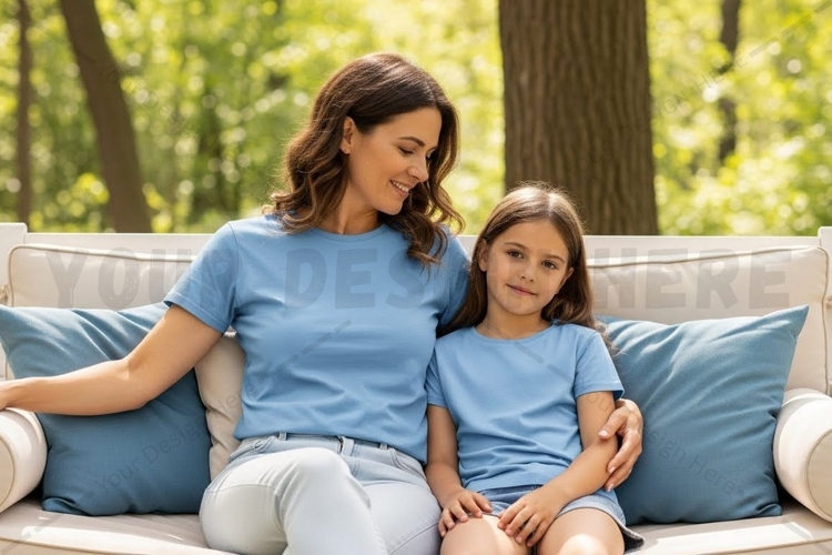Mother and daughter matching blue t-shirt set t-shirt mockup