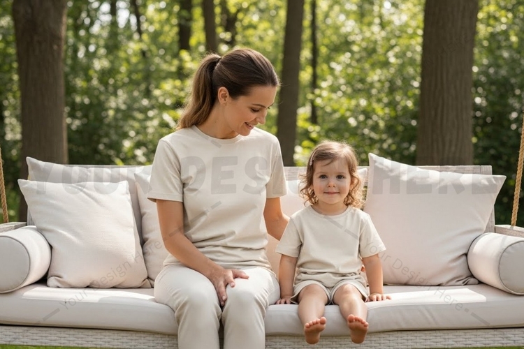 Mother and daughter in matching t-shirts mockup design