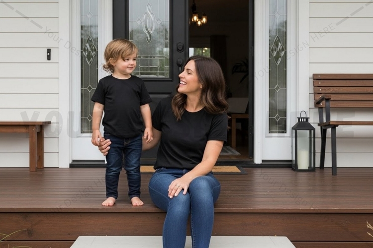 Casual black t-shirt for adults and kids t-shirt mockup