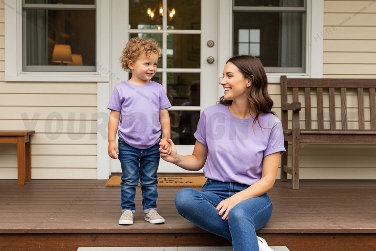 Mother and child wearing matching t-shirts mockup design