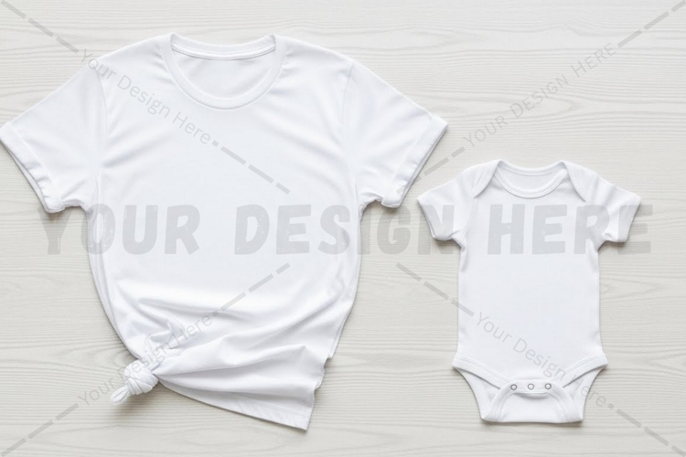 White t-shirt and baby onesie set t-shirt mockup