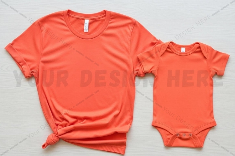 Bright orange t-shirt and onesie set t-shirt mockup design