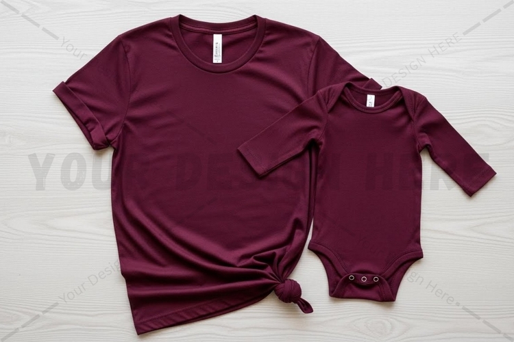 Matching maroon t-shirt and onesie set t-shirt mockup