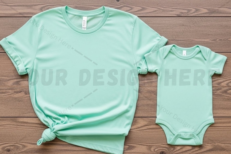 Mint green t-shirt and baby onesie set t-shirt mockup design