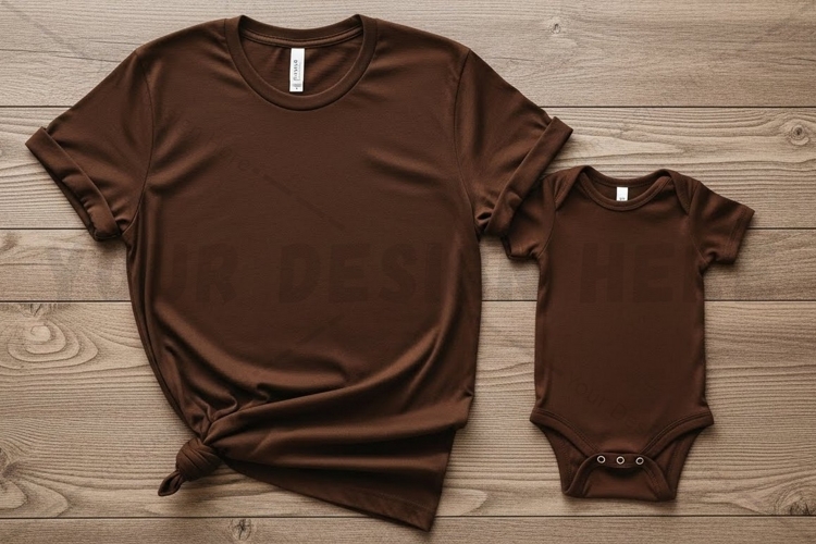 Matching brown t-shirt and onesie set t-shirt mockup