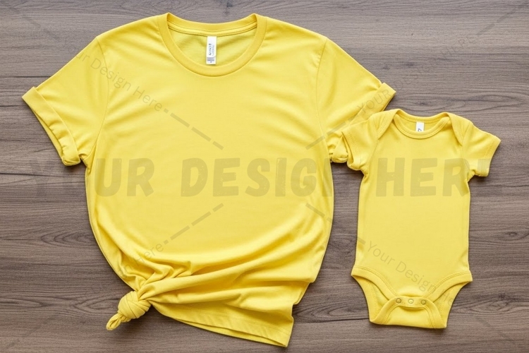 Bright yellow t-shirt and onesie set t-shirt mockup design