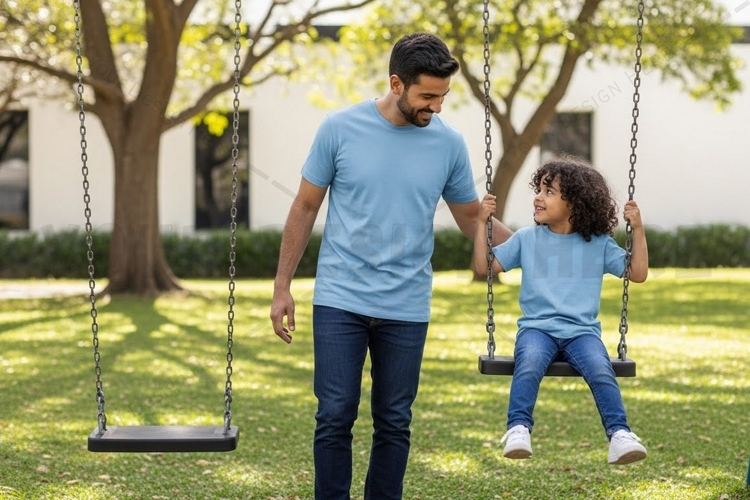 Father and child playing on swing t-shirt mockup design
