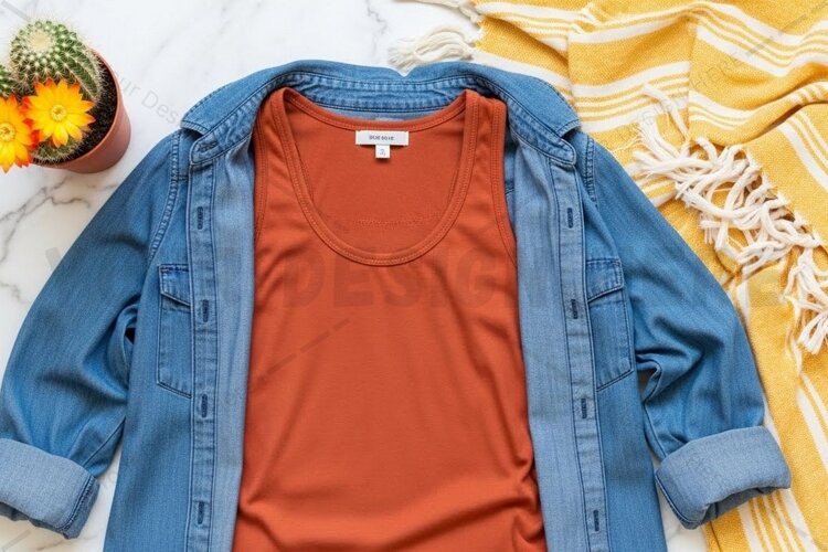 Casual t-shirt and denim jacket outfit t-shirt mockup example image 1