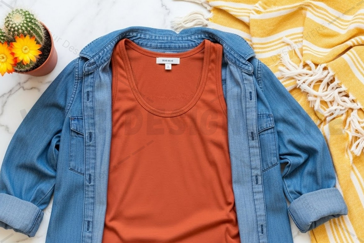 Casual t-shirt and denim jacket outfit t-shirt mockup