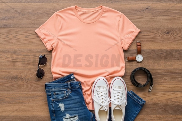 Casual summer outfit with peach t-shirt mockup