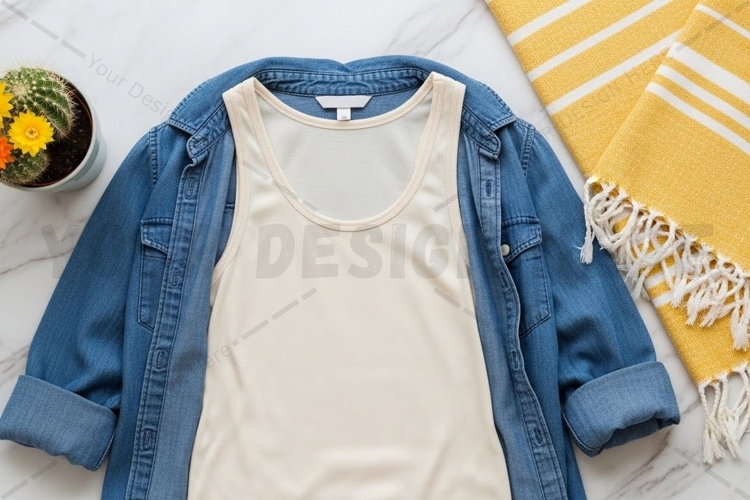 Casual summer outfit with denim jacket t-shirt mockup