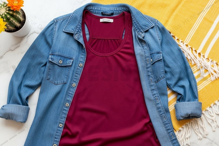 Casual denim jacket with maroon t-shirt mockup