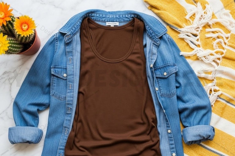 Casual brown t-shirt with denim mockup design