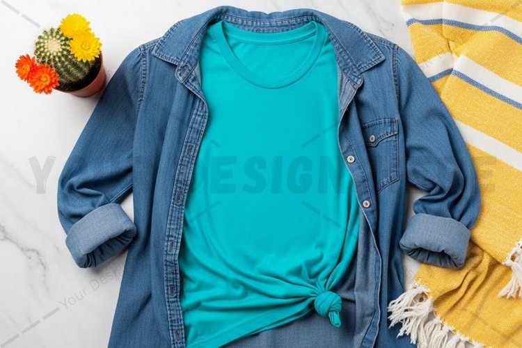 Casual summer outfit with blue t-shirt mockup design