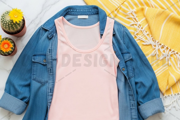 Pastel pink t-shirt with denim jacket t-shirt mockup