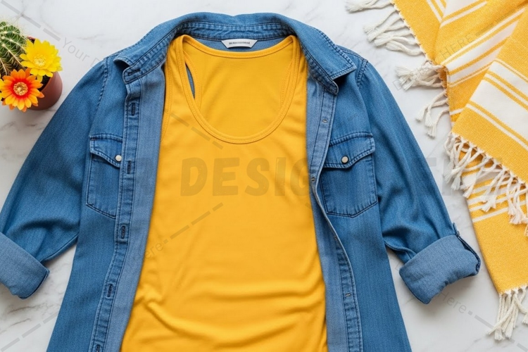 Casual denim jacket with mustard yellow t-shirt mockup