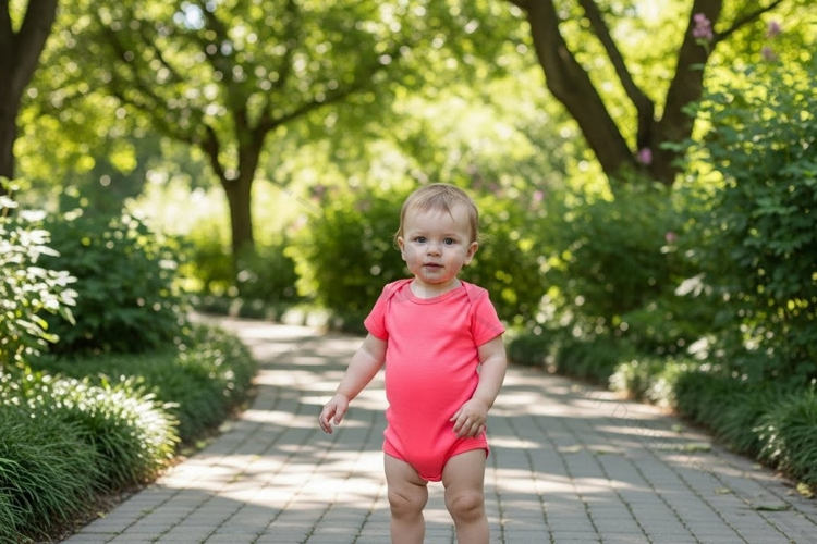 Bright red baby onesie in a lush garden mockup design