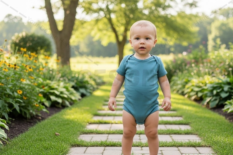 Baby blue onesie outdoor garden mockup design