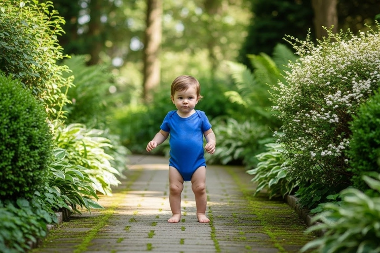 Blue baby onesie in garden mockup design