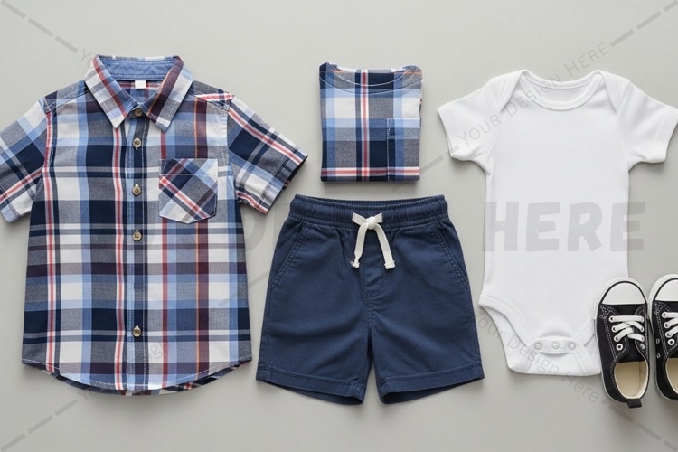 Baby boy outfit set with plaid shirt mockup design