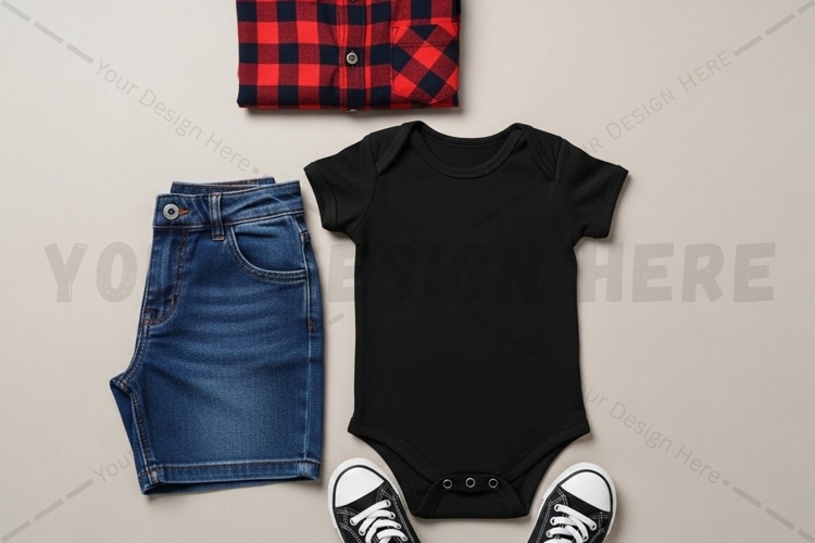 Baby outfit set - black bodysuit, blue jeans mockup design
