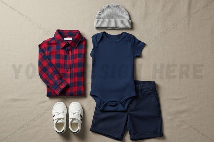 Baby boy outfit - plaid shirt, bodysuit mockup design