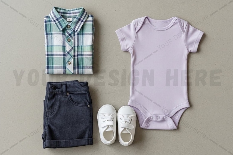 Baby girl outfit set - plaid shirt, onesie mockup design
