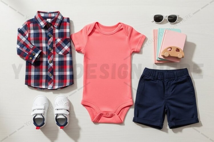 Baby boy outfit - green bodysuit, plaid shirt mockup design example image 1