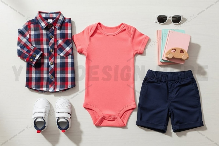 Baby boy outfit - green bodysuit, plaid shirt mockup design