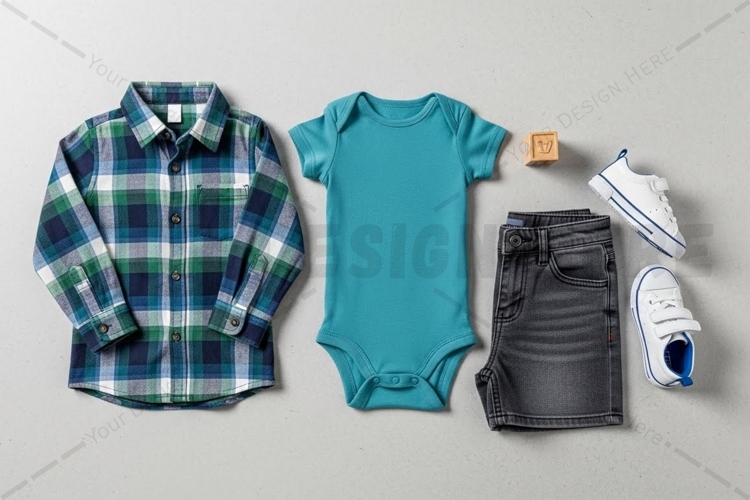 Baby boy outfit set - black and white plaid mockup design