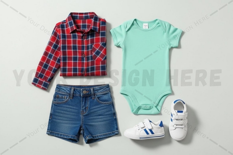 Baby boy outfit set - plaid shirt, onesie mockup design