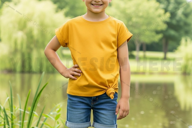 Bright yellow kids' t-shirt with side knot mockup