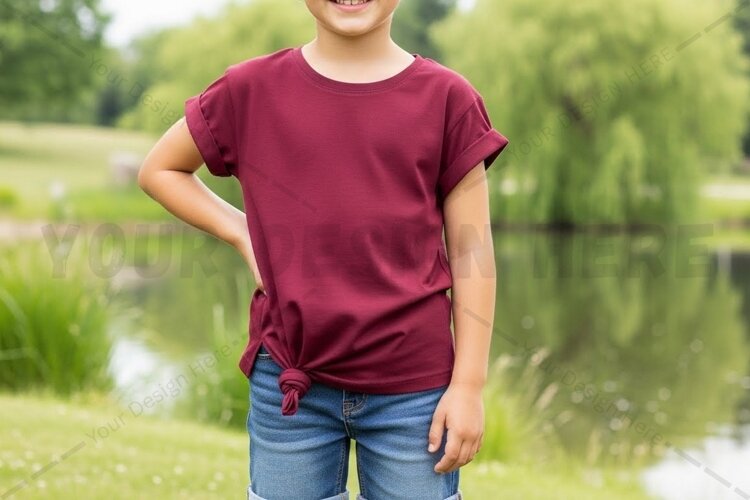 Casual burgundy t-shirt for kids mockup example image 1