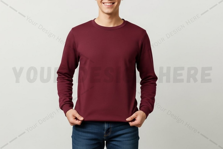 Men's burgundy long sleeve t-shirt mockup